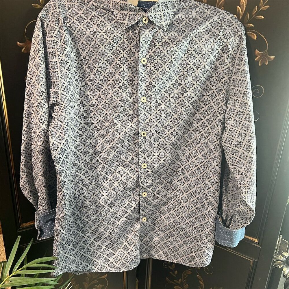 Tommy Bahama Men's Blue Geometric Long Sleeve Button-Up Shirt M